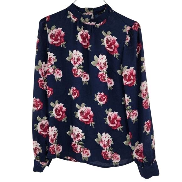 FOREVER 21 Floral Navy Long Sleeve Blouse Womens Size Small S - Picture 1 of 2